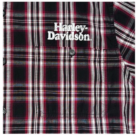Harley Davidson Plaid Button Up Shirt Men XL Red Black Short Sleeve Skull Logo - Picture 4 of 11